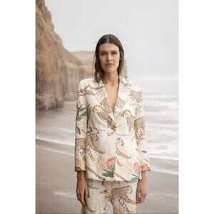 Las Surenas Cotton Linen Printed Cream Blazer Jaguar Jungle Design XL